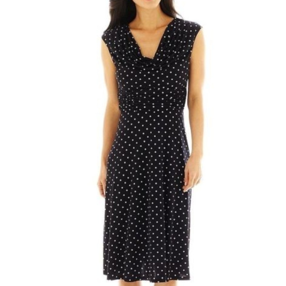 Sienna Studio Cap-Sleeve Draped V-Neck Dot Dress M